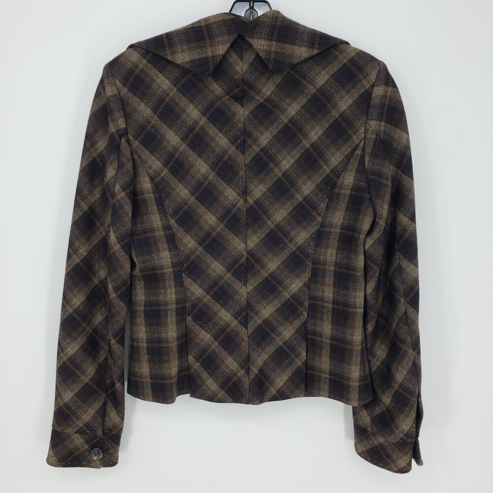 BCBGMaxazria Y2K Plaid Blazer Jacket XS Wool Ruffle Collar Brown Black BCBG - Picture 2 of 9